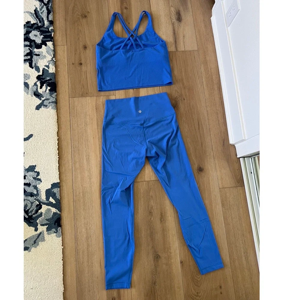 HeyNuts 2-Piece Blue Activewear Set- Built-In Bra Tank (L) & Leggings (M)